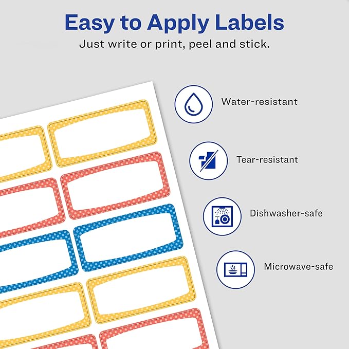 Avery Durable Labels for Kids' Gear, 3/4" x 1-3/4", Assorted Border Colors, Water-Resistant Labels, 60 Total (41442)