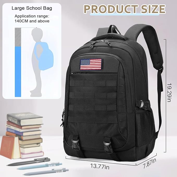 Tactical Backpack 35L - 19'' Waterproof School Bag for Kids, 15.6" Laptop Compartment & MOLLE Webbing for Camping Hiking Travel