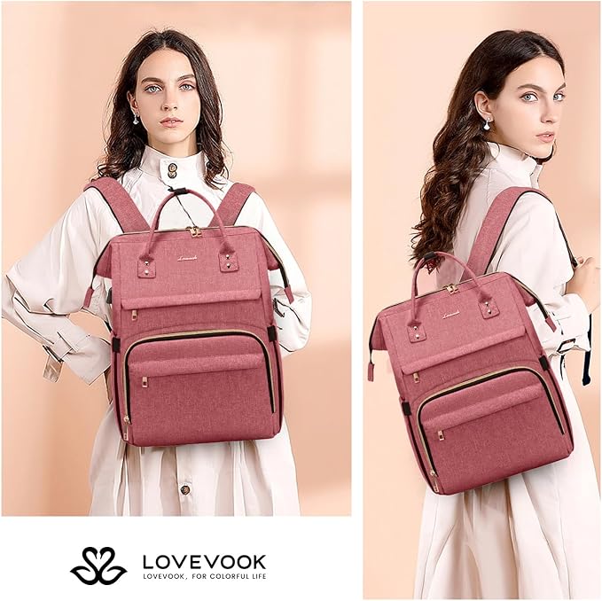 LOVEVOOK Laptop Backpack for Women,15.6 Inch Professional Womens Travel Backpack Purse Computer Laptop Bag Nurse Teacher Backpack,Waterproof College Work Bag Carry on Back Pack with USB Port,Light-red