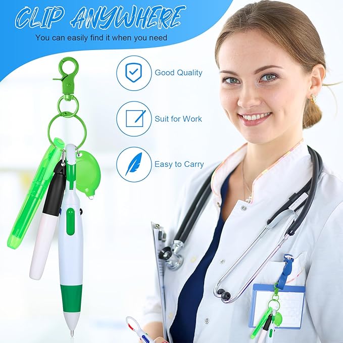 Chinco 30 Pcs Retractable Shuttle Pen Clip with Mini Highlighter Nurse Badge Pen Neon Marker LED Keychain Ring Clip