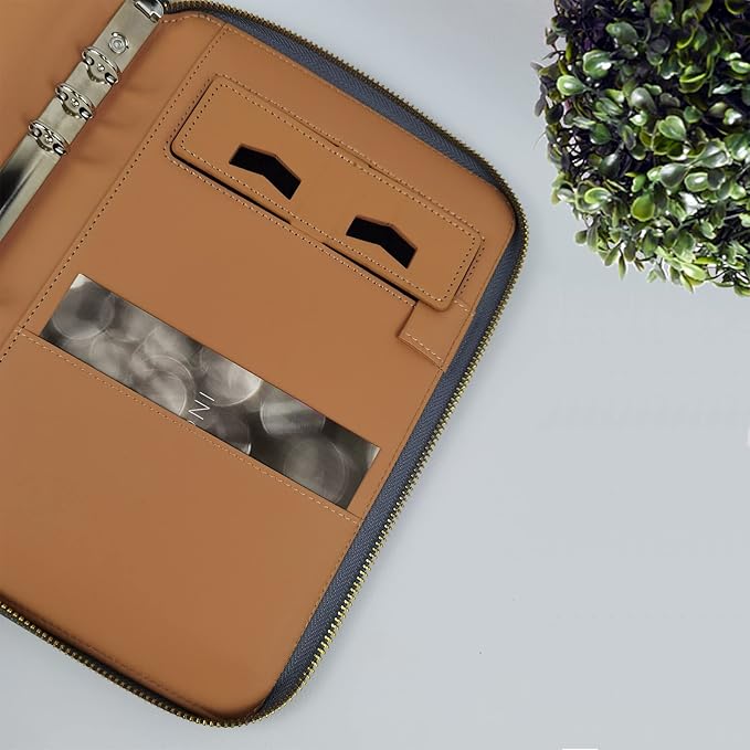 A5 Binder Case PU Leather Portfolio Budget Binder Refillable Notebook Planner Cover with Zipper 6 Rings Money Document Organizer for Business Interview (Brown)