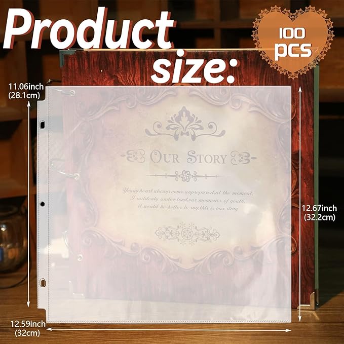 Vmiapxo 100 Pack Scrapbook Refill Pages 12x12 Inch, Clear Page Protectors Fit 3 Ring Scrapbooking Binder & 12 x 12 Photo Album, Heavyweight Plastic Protective Sleeves, Sheet Protectors