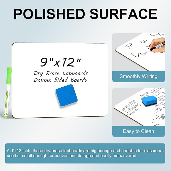 2 PC Small White Board Dry Erase Classroom Pack Boards 9" x12”Personal Whiteboards for Students Teachers Lapboards