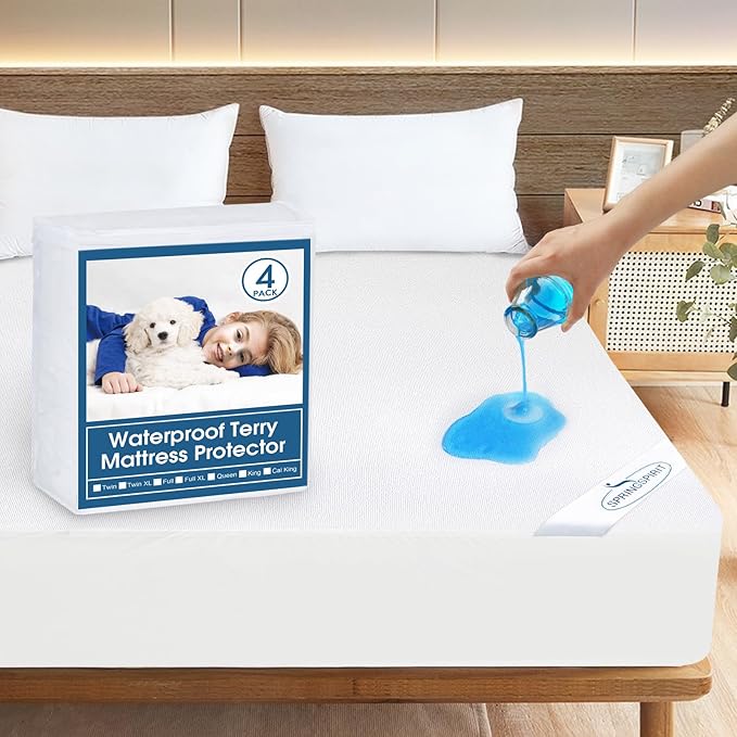 4 Pack Twin Mattress Protector Waterproof Premium Terry Twin Bed Sheets Fitted up to 14'' Ultra Soft and Breathable Mattress Topper Pad Cover Twin Machine Washbale