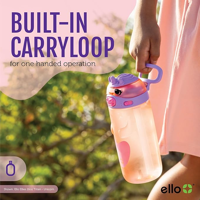 Ello Ellies 16oz Plastic Kids Water Bottle with Straw and Built-in Carrying Handle and Leak-Proof Locking Lid for School backpack, Lunchbox and Outdoor Sports, Panda