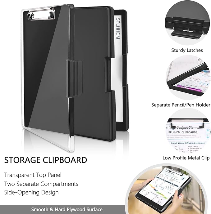 SFLHHDM Clipboard with Storage,Heavy Duty Clip Boards 8.5x11 with 2 Storage Case,Clear Visible Panel Storage Clipboards,Side Opening Nursing Clipboard Folder for Office Supplies-Black