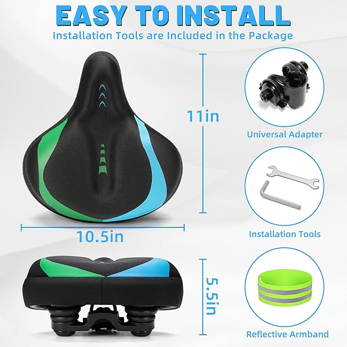 Oversized Bike Seat for Men & Women, Comfortable Gel Padded, Extra Wide Bicycle Seat Cushion Comfort, Replacement Saddle for Peloton, Stationary Exercise Bike, Mountain Bike, Cruiser, City Bike