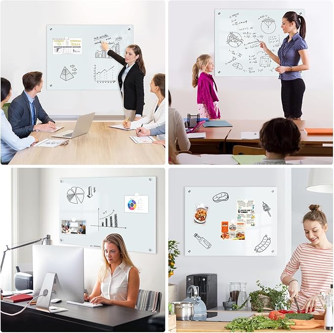 Magnetic Glass Whiteboard for Wall, 36" x 24" Glass Dry Erase Board, Large Frameless White Board for Home and Office with 1 Marker Tray - Normal White