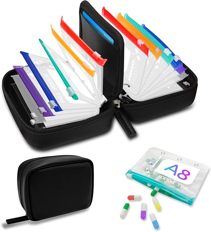 A8 Waterproof Pill Organizer Set, Twice-Daily Large Pill Organizer for Seven Days, BPA Free, Pill Storage with 14 Color-Coded Pouches, Reusable Travel Medicine Organizer