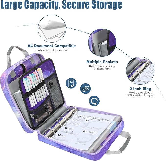 MoKo Zipper Binder, 2 inch 3 Ring Binder with 500 Sheet Capacity Multi-Pocket School Bag with Padded Shoulder Strap Handle, School Supplies Organizer for Middle Student, Star Purple