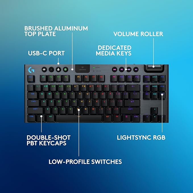 Logitech G915 X Lightspeed TKL Low-Profile Wireless Gaming Keyboard, Double-Shot PBT Keycaps, Fully Programmable Keys, RGB Backlighting, Sleek Aluminum Finishing, GL Red Linear - PC/Mac - Black