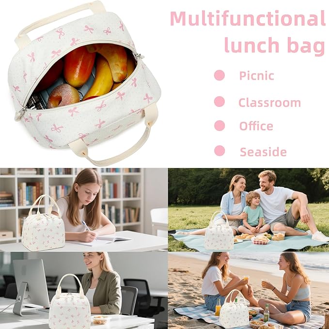 LEDAOU Lunch Box for Women Insulated Lunch Bag Corduroy Lunch Tote Bags Leakproof Cooler Lunch Case for Travel Work Picnic (Pink Bow)