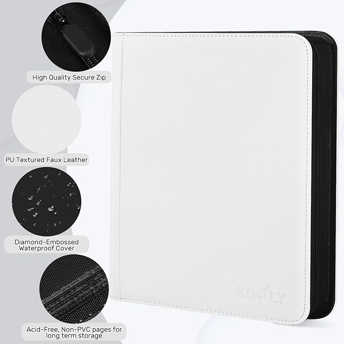 12 Pocket Card Binder, Zipper Trading Card Binder, 720 Large Capacity Side Loading Non-Ring Card Album, Double Sided Acid-Free Card Protector Binder, Card Collection for TCG, MTG, Sport Card, White