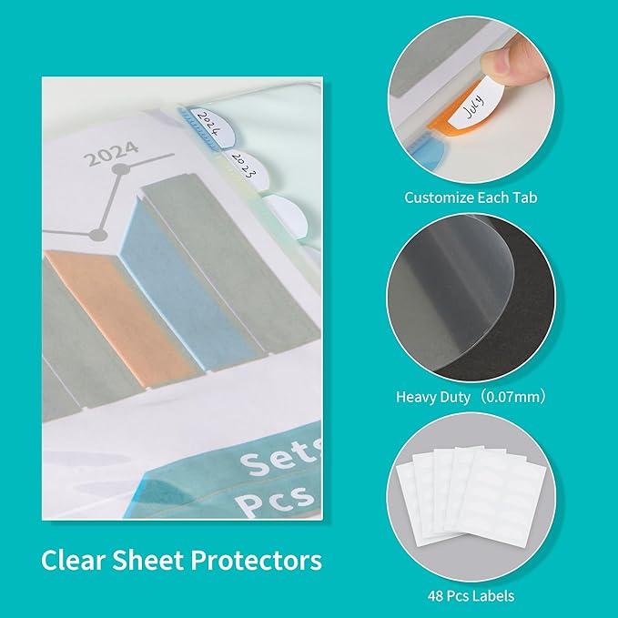 Binditek 48 Pack Heavyduty Clear Sheet Protectors with 8 Tabs, 45 Sheets Capacity, 8.5 x 11 inch Plastic Dividers for 3 Ring Binder, Insertable Index Divider, Letter Size, 6 Set, Label Sticker