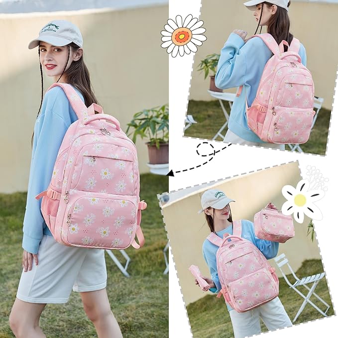 Girls Backpack with Lunch Box for Elementary Middle School,17 inch Pink Lightweight Kids School Backpack with Lunch Bag Set for Teen Girls