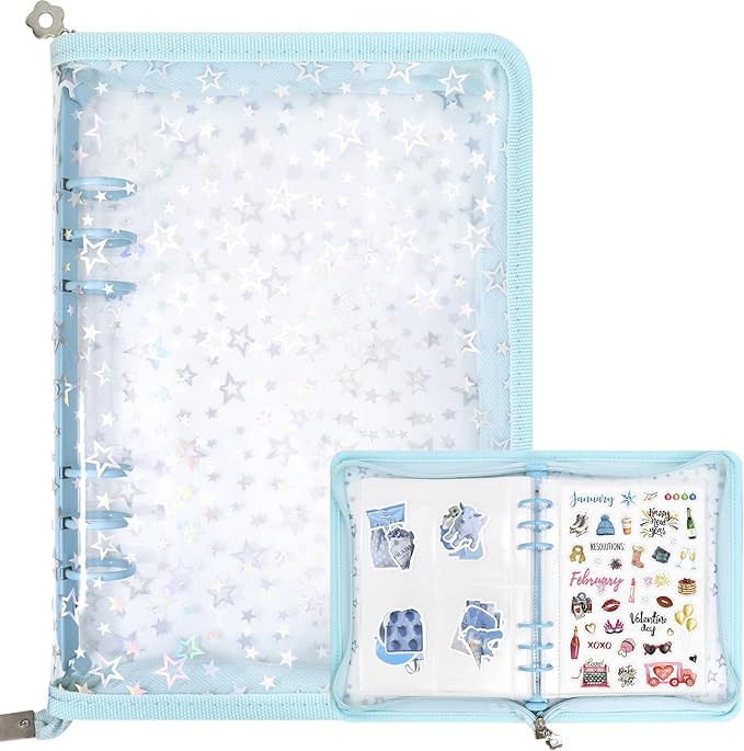 Sticker Storage Organizer Binder A5 Sticker Collecting Book Reusable Zipper Album with Clear Laser Star Cover and Pocket Pages (Blue)