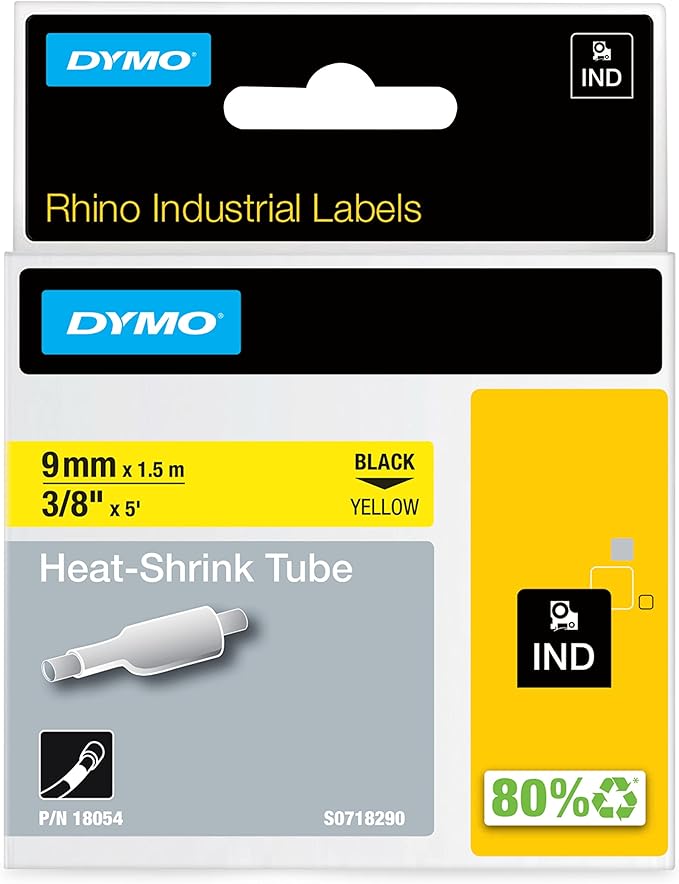 DYMO Industrial Heat Shrink Tubes for DYMO Industrial RhinoPro Label Makers, Black on Yellow, 3/8", (18054)