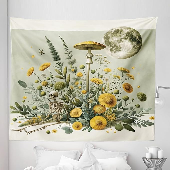 Ambesonne Trippy Tapestry King Size, Bohemian Botany Feel Leafy Jungle Flowers with Skeleton and Moon Ornate, Wall Hanging Bedspread Bed Cover Wall Decor, 104" X 88", Pale Green Earth Yellow