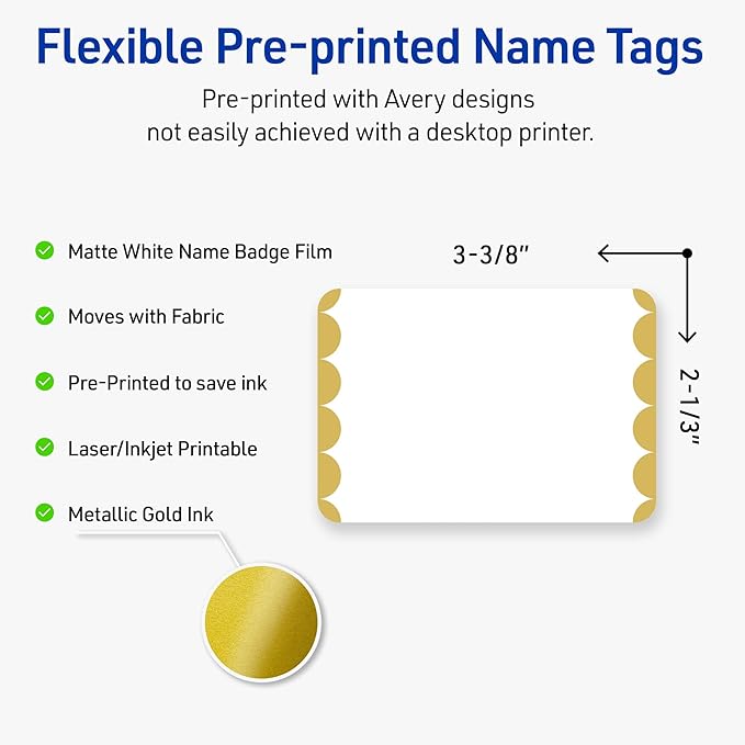 Avery Printable Rectangle Adhesive Name Tags, Gold Dots Edge Design, 2-1/3" x 3-3/8", Matte White Removable Name Tags, Laser/Inkjet, 80 Total, Great for Name Badges
