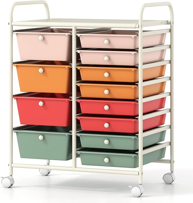 COSTWAY 12 Drawer Rolling Storage Cart, Mobile Utility Cart with Metal Frame, Art Supply Craft Organizer, Multipurpose Storage Organizer for Paper, Office, School Teacher, Classroom, Macaron