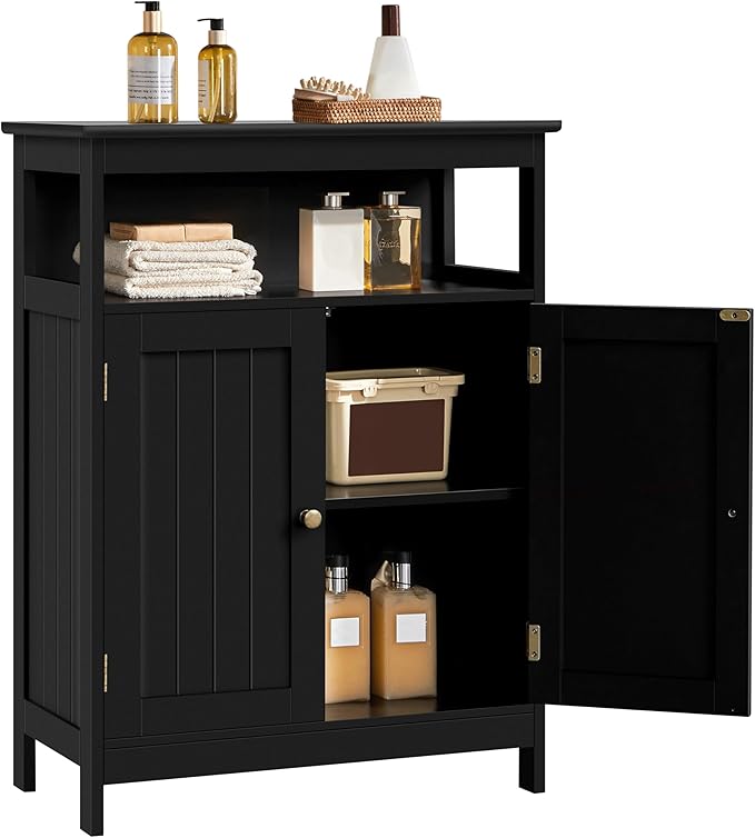Yaheetech Bathroom Storage Cabinet, Wooden Free Standing Storage Organizer with 2 Doors & 1 Open Compartment, Adjustable Shelf,Floor Cabinet for Bathroom, Living Room, Hallway, Black