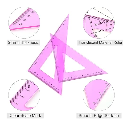 Coopay 12 Inch Math Geometry Tool Plastic Ruler Square Set Includes Straight Ruler, Triangles, Protractor for Student School Office Supplies (Pinkish-Purple)