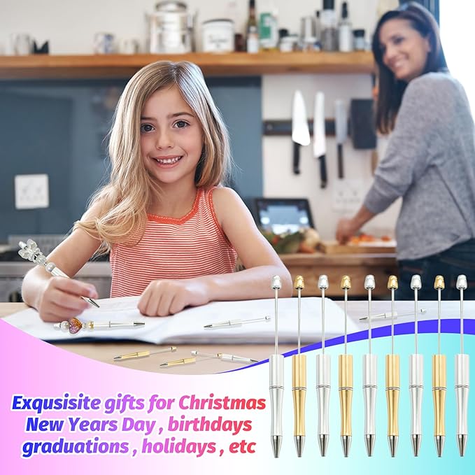 300 Pieces DIY Beadable Pen Kit – 100 Plastic Ballpoint Pens with Refills & Bags – School Supplies, Office Accessories & Decorative Items for Students & Teachers (Silver and Gold)