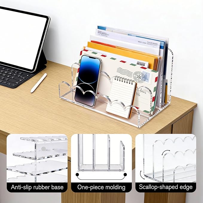 Acrylic File Mail Desktop Organizer Sorters,3 Upright Compartments Laddered, Vertical File Holder for Office/Home, Space-Saving Desk Organizer for Letters, Envelope, Bills, Stationery