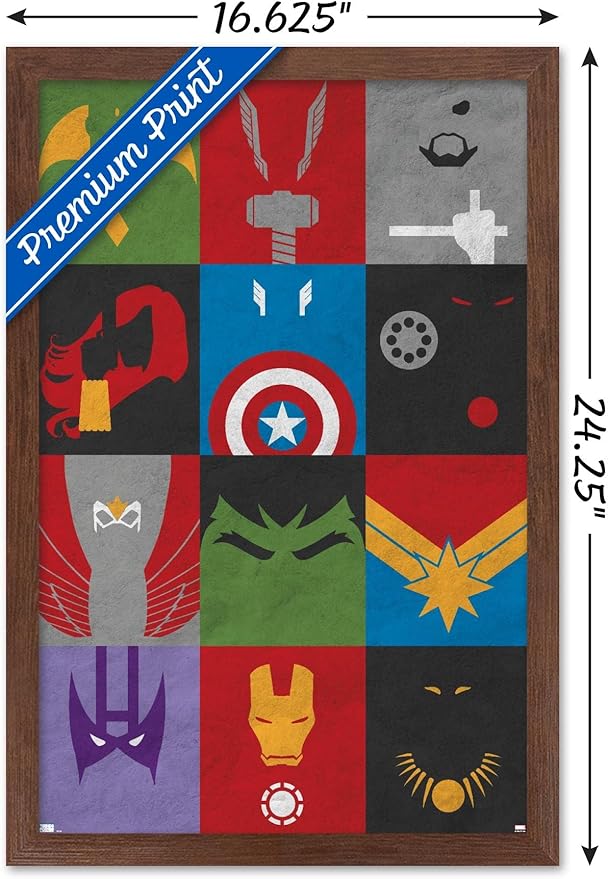 Trends International Marvel Comics - Avengers - Minimalist Grid Wall Poster, 14.725" x 22.375", Mahogany Framed Version