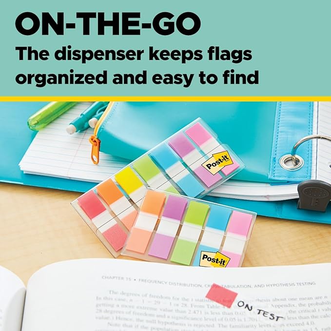 Post-it Flags in Portable Dispenser, 100 Flags/Pack, .47 in x 1.7 in, 20 Each of Red, Bright Orange, Yellow, Green, and Blue (683-5CF)