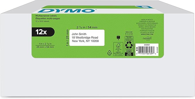 DYMO Authentic LW Multi-Purpose Labels for LabelWriter Label Printers, White, 1" x 2-1/8", 12 rolls of 500 (6000 Total)