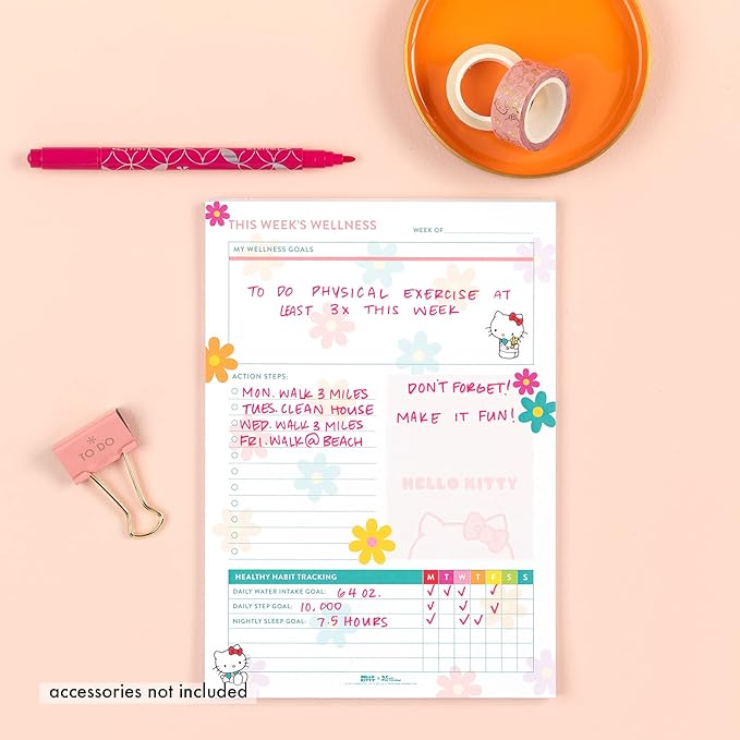 Erin Condren Hello Kitty Wellness Notepad. Notepad for Tracking Sleep, Nutrition, Activities, and General Health Tracking. 6" x 8.5". 25 Wellness Track/Record Sheets