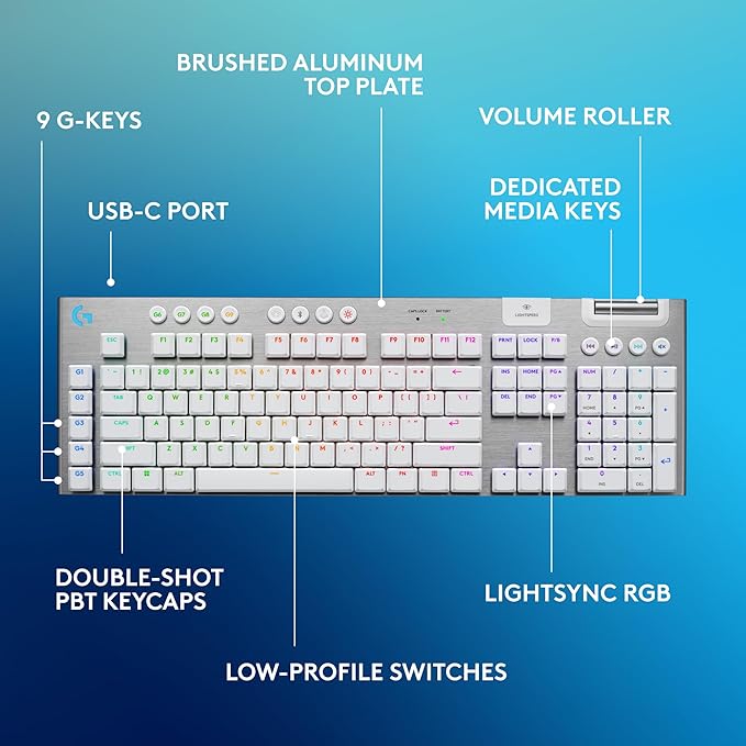 Logitech G915 X Lightspeed Low-Profile Wireless Gaming Keyboard, Double-Shot PBT Keycaps, Fully Programmable Keys, RGB Backlighting, Sleek Aluminum Finishing, GL Brown Tactile Switches-PC/Mac - White