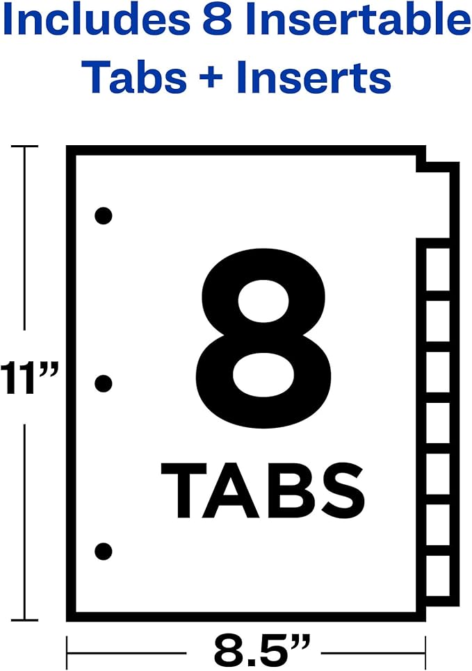 Avery Big Tab Insertable Dividers for 3 Ring Binders, 8-Tab Set, White Paper, Clear Tabs, 1 Binder Divider Set (11124)