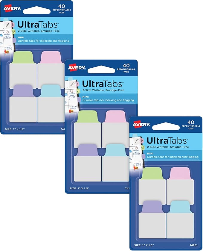 Avery Ultra Tabs, Mini Tabs, 1" x 1.5", 2-Side Writable, Assorted Pastel Colors, Self Adhesive, Repositionable, 40 Per Pack, 120 Total (3-Pack of 74761)