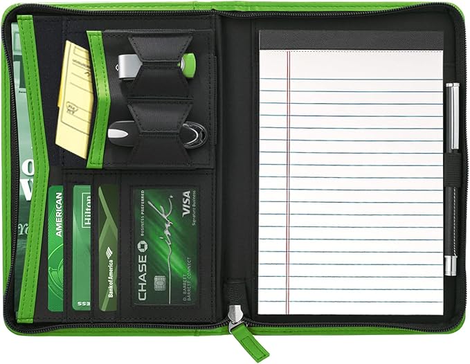 Small Portfolio Organizer, A5 Zippered Business Portfolio, Junior Padfolio Folder Binder for Women & Men, 5 x 8 Writing Pad Included,Green