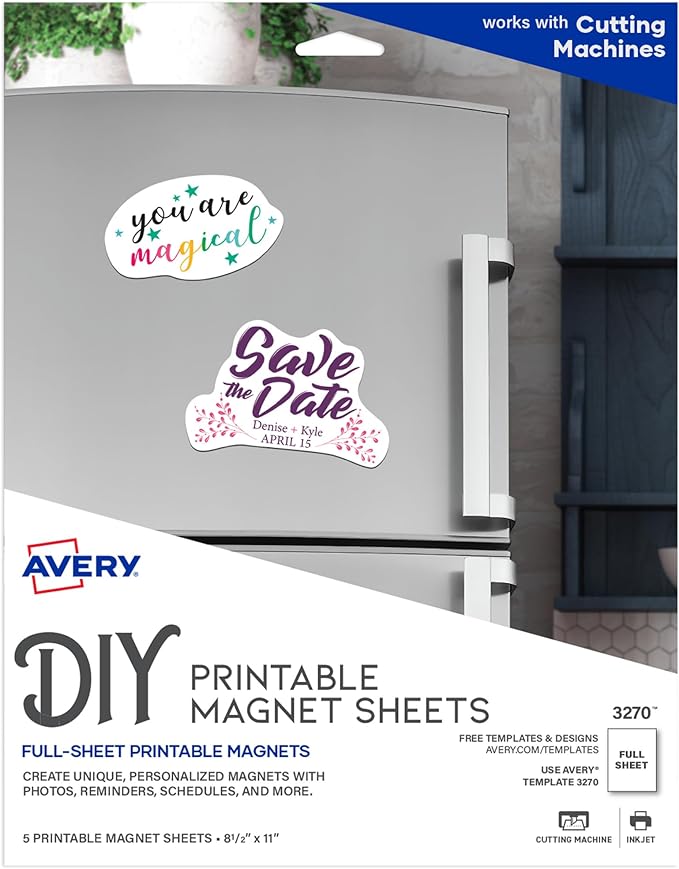 Avery Printable Magnet Sheets, 8.5" x 11", Inkjet Printer, 5 White Magnetic Sheets (3270)