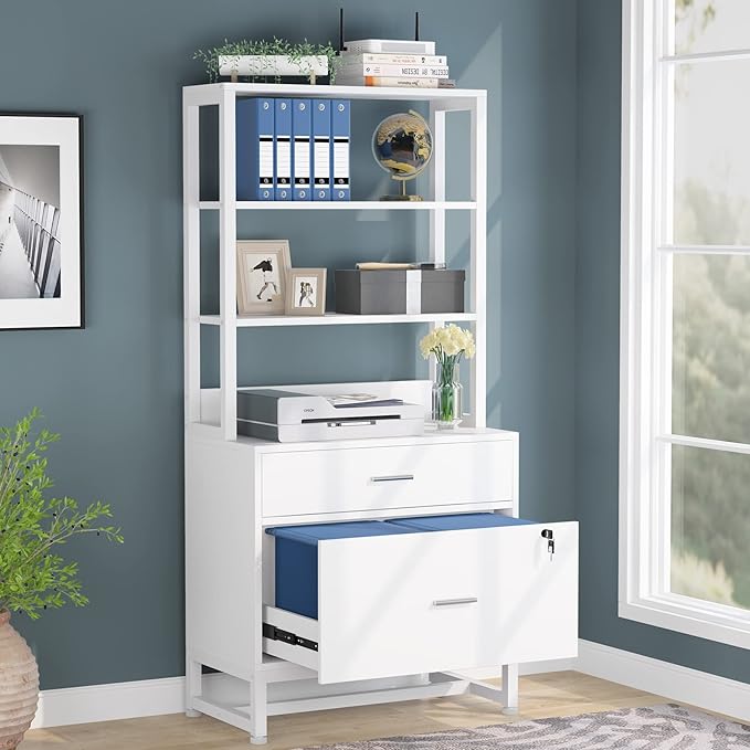Tribesigns 2 Drawer Vertical File Cabinet with Lock & Bookshelf (Set of 2), Letter Size Large Modern Filing Cabinet Printer Stand with Open Storage Shelves for Home Office, White