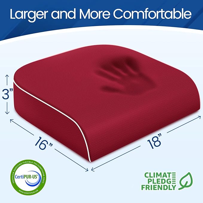 Seat Cushion for Tailbone Pain Relief, Office Chair Cushion, Memory Foam Large Chair Cushion with Non-Slip Cover for Soft Support at Office Chair, Car Seat, Airplane Red/Large