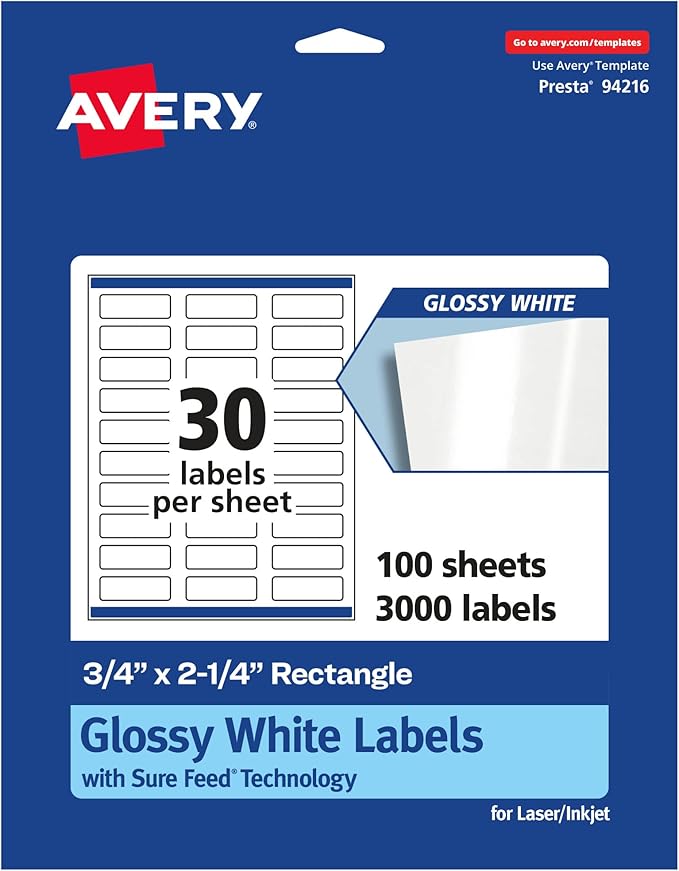Avery Glossy White Rectangle Labels, Sure Feed Technology, 0.75" x 2.25", 3,000 Glossy White Labels, Print-to-The-Edge, Permanent Adhesive, Laser/Inkjet Printable
