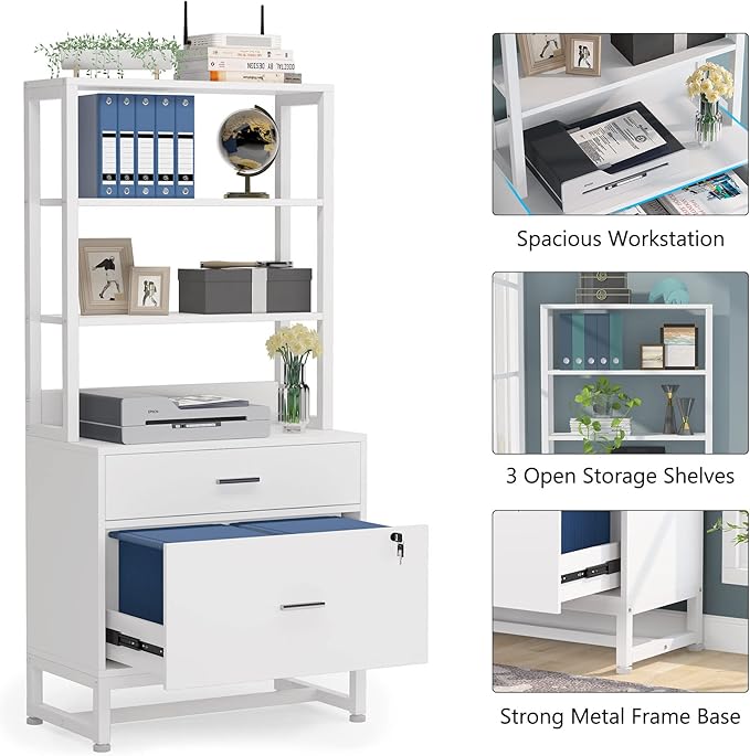 Tribesigns 2 Drawer Vertical File Cabinet with Lock & Bookshelf (Set of 2), Letter Size Large Modern Filing Cabinet Printer Stand with Open Storage Shelves for Home Office, White