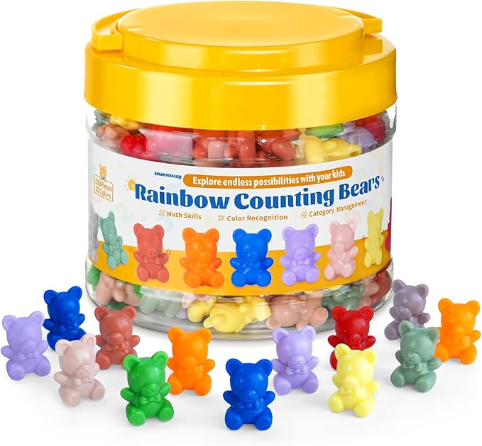 XINHUIDALSQ Rainbow Counting Bears Set of 200, 10 Colors Sorting Teddy Plastic Bears Math Manipulatives for Toddlers, 1 Inch Bear Conters Ages 3+ Kids