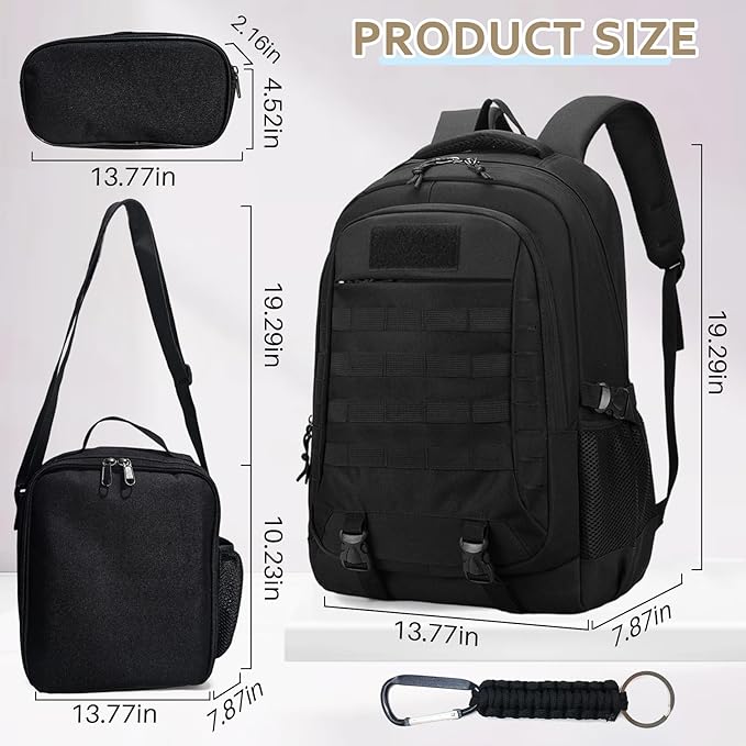 Backpack for Boys 3 in 1 Set, 19 Inch 55L Bookbag with Insulated Lunch Box Pencil Case, Molle School Backpack for Kids Teens, Outdoor Hiking Trekking Camping Travel for Elementary Middle High School