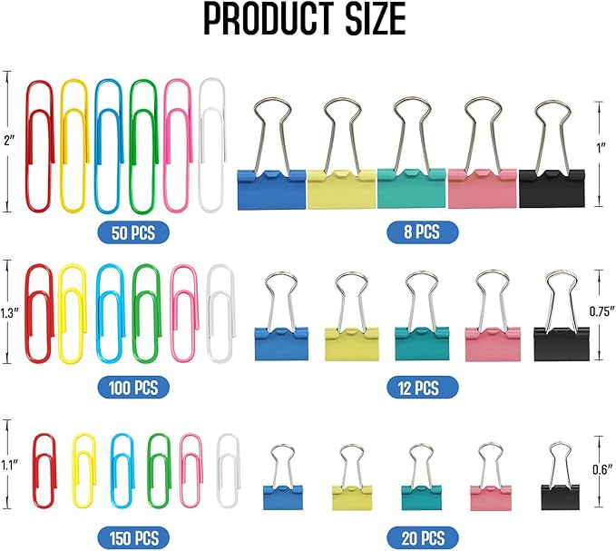 Paper Clips Binder Clips, 340PCS Assorted Size Paper Clips and Binder Clips, Colored Paperclips Large Medium Small, Binder Clip and Paper Clip Set for Home School Office Supplies