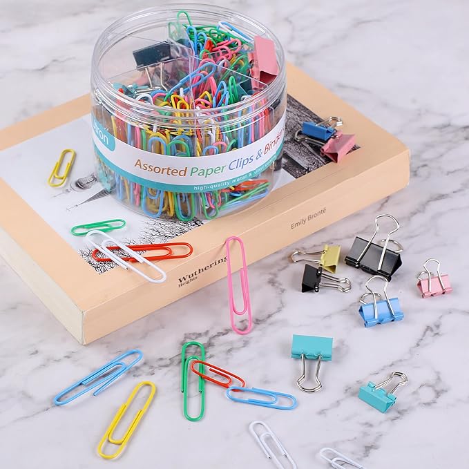 Utron 360PCS Paperclips and Binder Clips Set, Assorted Size Clips Office Supplies in Container with Compartments, Colorful Office Paper Clips for Office and School Supplies, Document Organizing