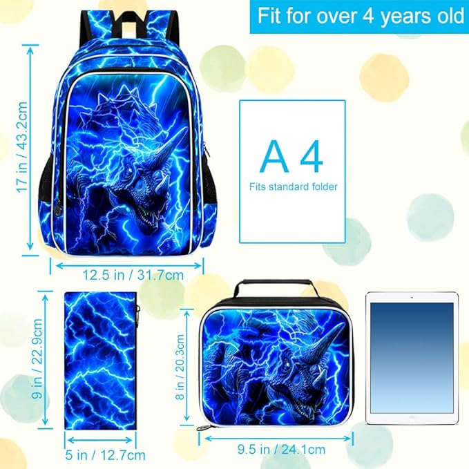KLFVB 3PCS Boys Lightning Bookbag Set, 17" Dinosaur Backpack and Lunch Box, Water Resistant Teenagers School Backpacks for Middle Elementary - Lightning Triceratops