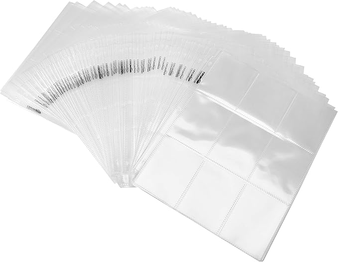 Amazon Basics 9-Sleeve Trading Card Protectors Binder Sheet for Storage and Protection, Top Loading, Transparent, 100-Pack