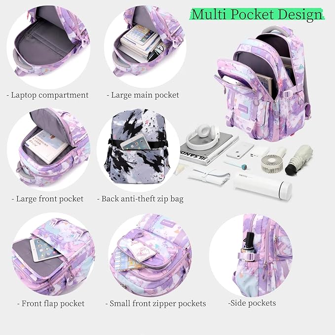 3Pcs Backpack for Girls Kids Backpacks with Lunch Box Elementary Middle High School Backpacks Students Bookbag Set School Bags for Teens Girls (Pink)