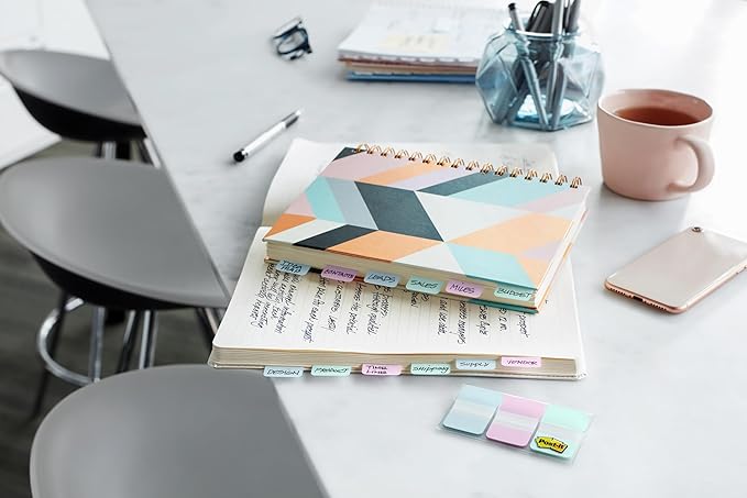 Post-it Tabs, .625 in Solid, Aqua, Yellow, Pink, Violet, 10/Color, 40/Dispenser (676-AYPV)