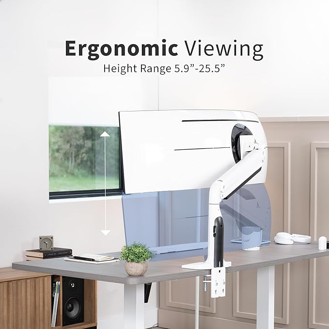 VIVO Premium Tilt Joint Ultrawide Monitor Stand, Fits up to 49 inch Computer Screens, Single Articulating Pneumatic Arm, C-Clamp and Grommet Desk Mount, Max VESA 200x100, White, STAND-V100HW